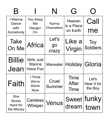 80's Pop Hits Bingo Card