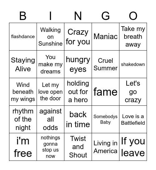 80's Movie Soundtracks Bingo Card
