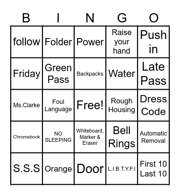Class Rules & Expectations Bingo Card