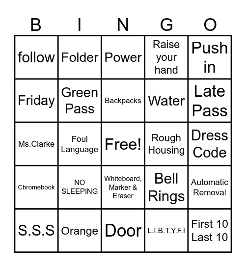 Class Rules & Expectations Bingo Card