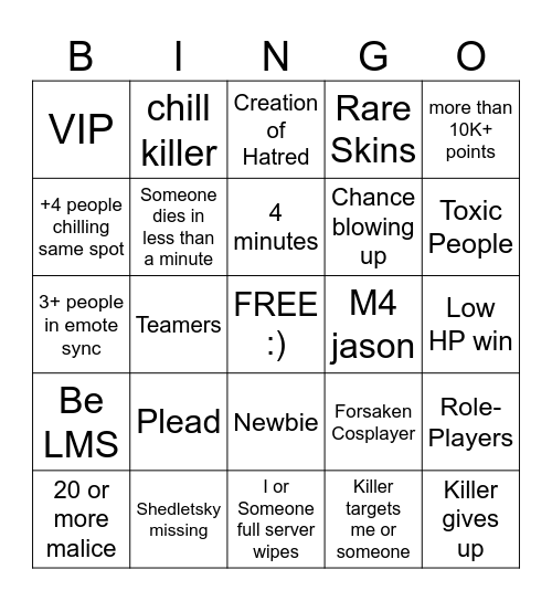 Forsaken Bingo Card
