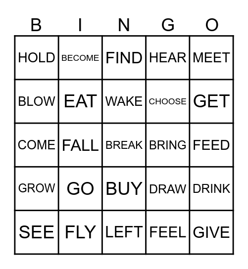 PAST TENSE VERBS Bingo Card