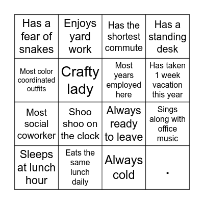 FIND THE COWORKER BINGO Card