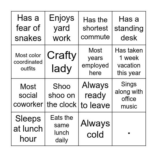 FIND THE COWORKER BINGO Card