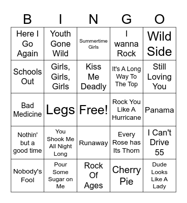 80's Hair Bands Bingo Card