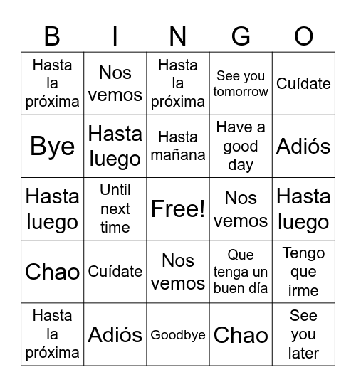 Spanish goodbyes Bingo Card