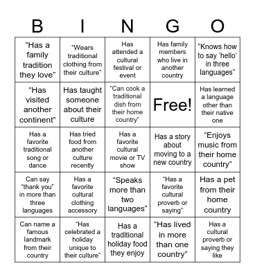 Cultural Bingo Card