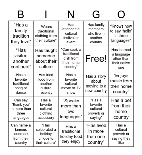 Cultural Bingo Card