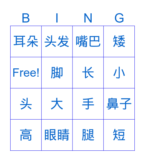 身体部位 Bingo Card