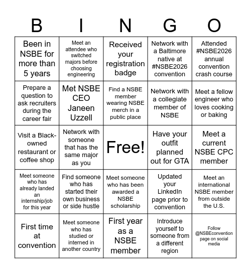 NSBE 2026 Hype Session Bingo Card