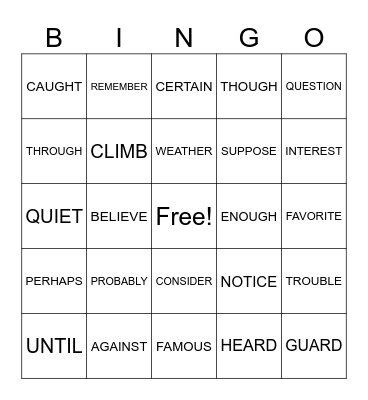 Sight word BINGO Card