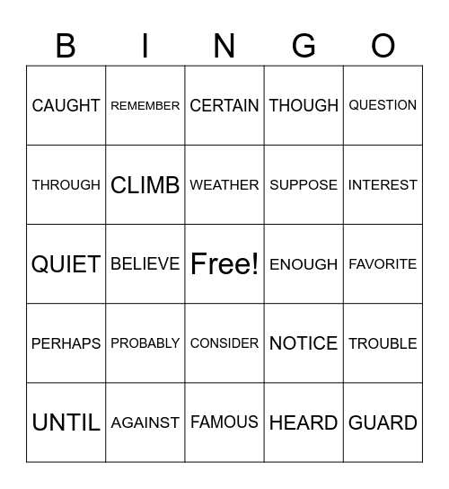 Sight word BINGO Card