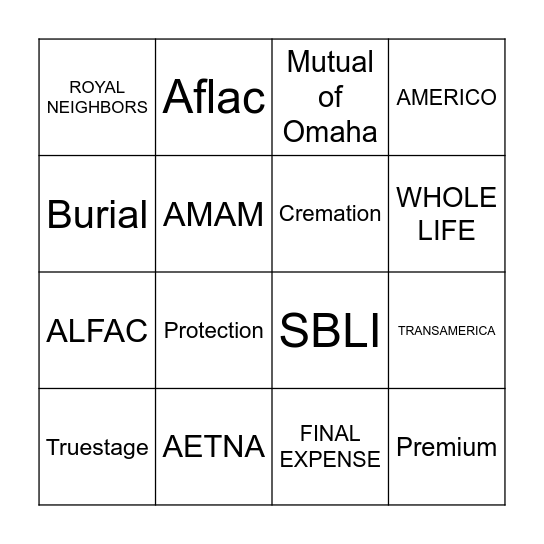 Final Expense Bingo Card
