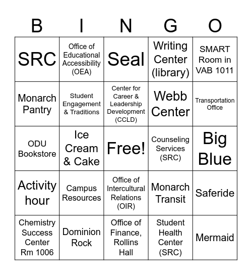 Campus Resources Bingo Card