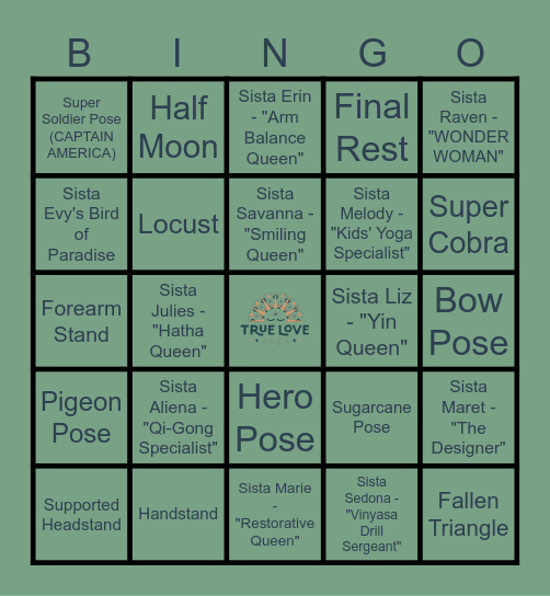 True Love Yoga Bingo Card