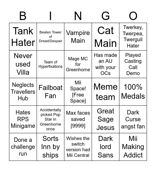 Miitopia Fan Bingo Card