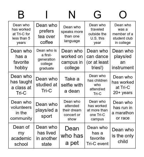 Dean Bingo Card