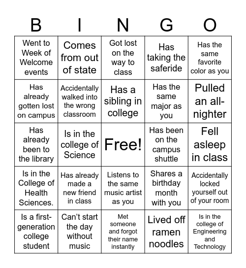 College Connections Bingo Card