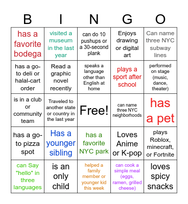 802 Get to know you Bingo Card