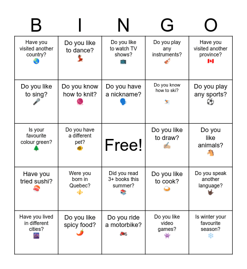 Get to Know Me Bingo Card