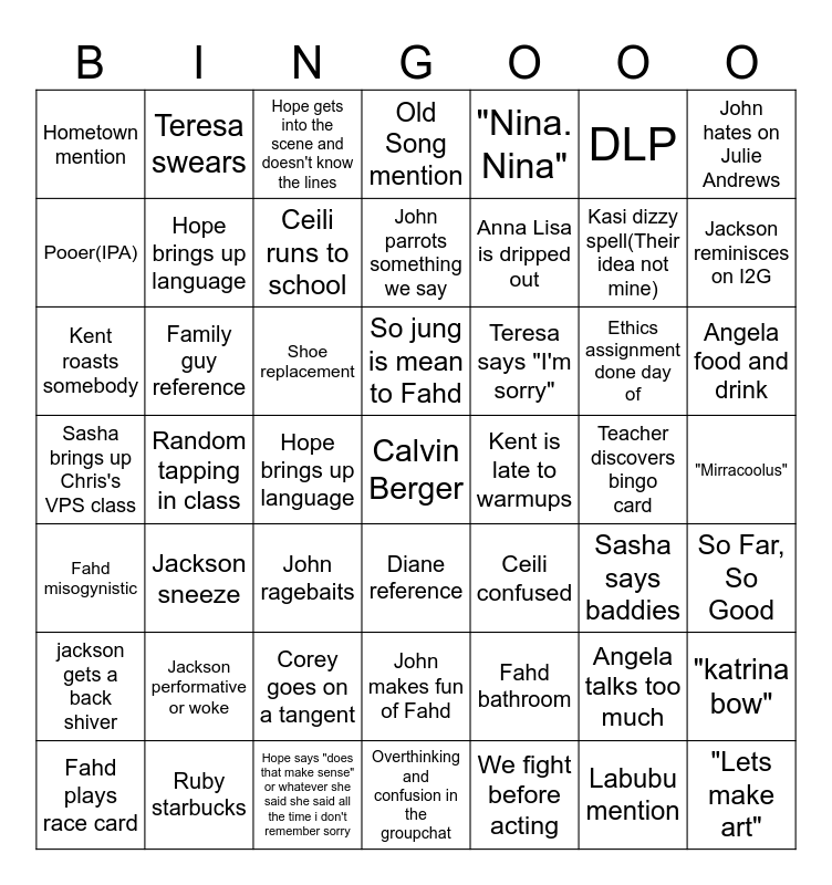 I3B Bingo Card