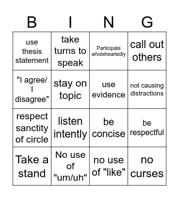 ROE Bingo Card