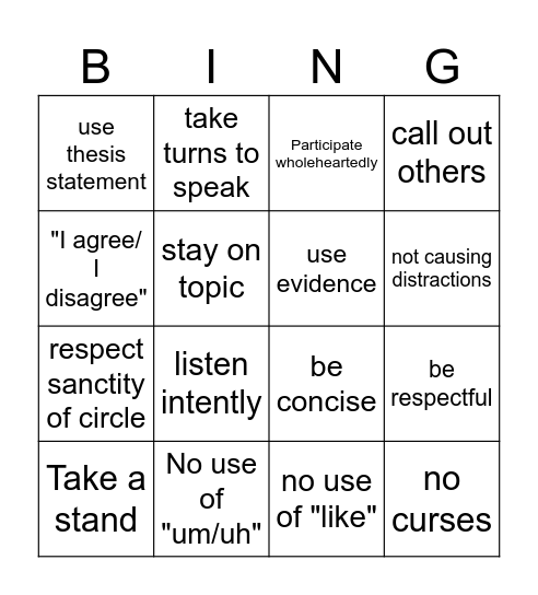 ROE Bingo Card