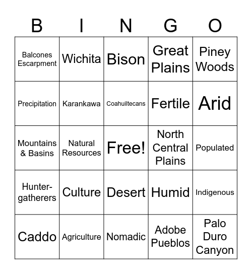 Texas Geography and Native Peoples Bingo Card