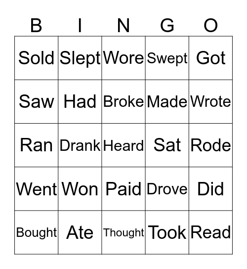 Past Irregular Bingo Card