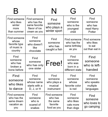 Get to Know Each Other Bingo Card