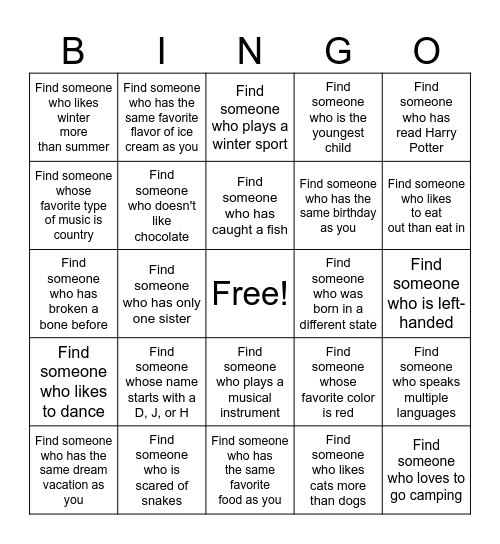 Get to Know Each Other Bingo Card