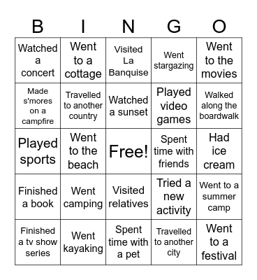 Summer Break Bingo Card