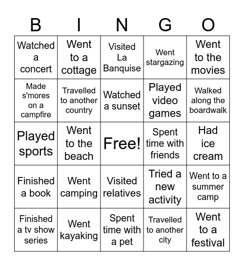 Summer Break Bingo Card