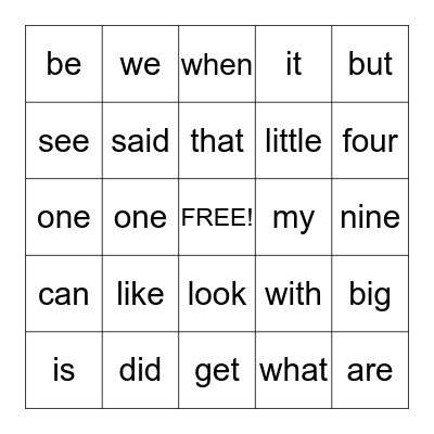 Sight Words Bingo Card