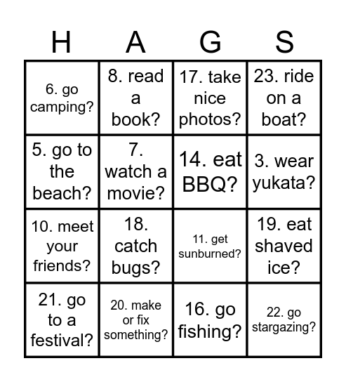 Summer Bingo Card