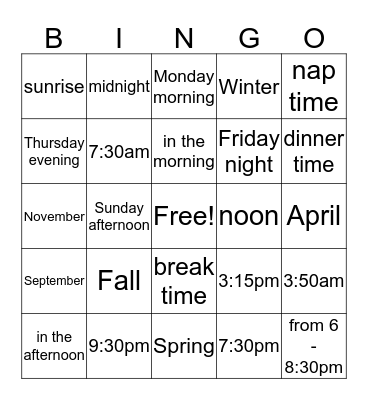 Time Bingo Card