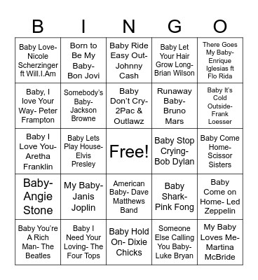 Songs with Baby in the Title Bingo Card
