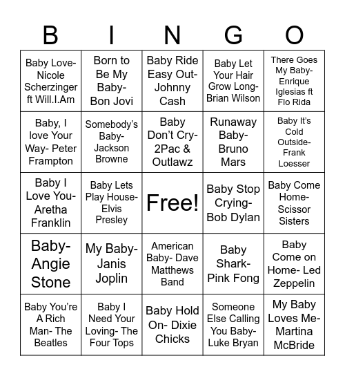 Songs with Baby in the Title Bingo Card
