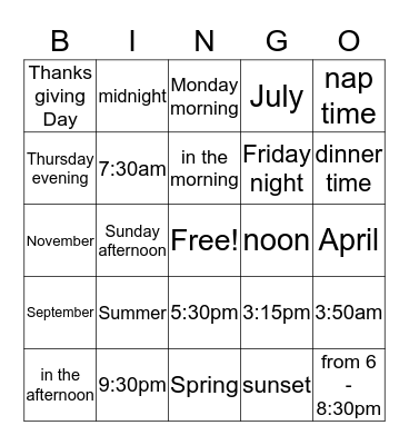 Time Bingo Card