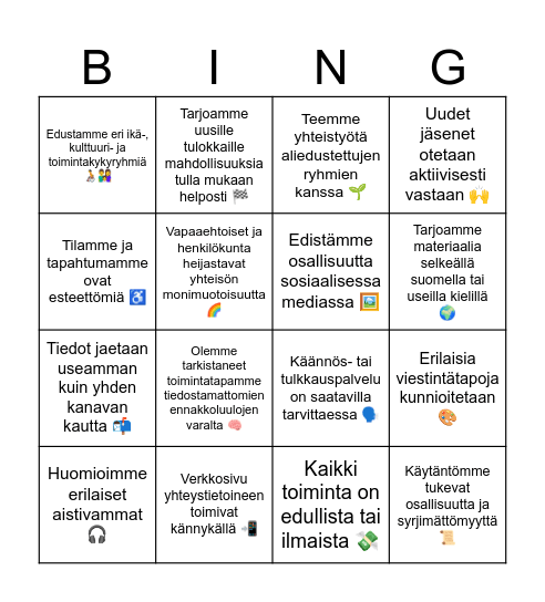 Inklusiivinen Bingo! Bingo Card
