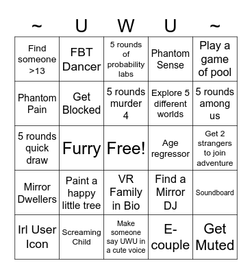 Bookie's VR Adventure Bingo Card