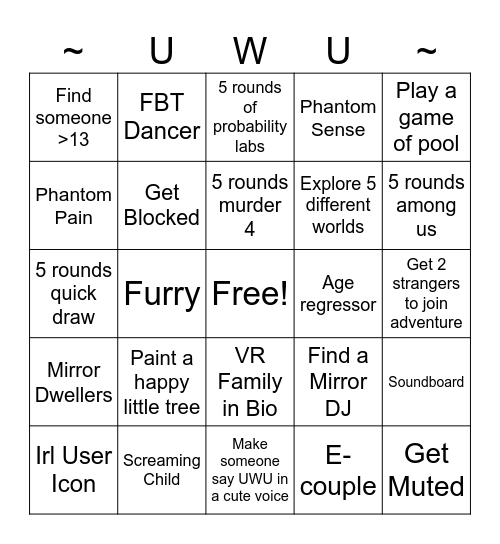 Bookie's VR Adventure Bingo Card
