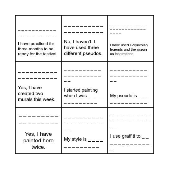 Write the questions. Answer the questions. Bingo Card