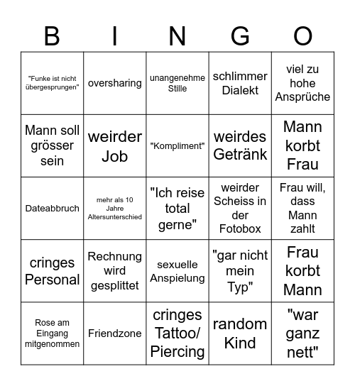 First Dates Bingo Card