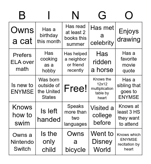Icebreaker Bingo (ENYMSE) Bingo Card