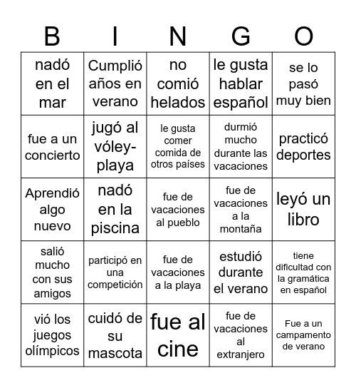 BINGO DE VERANO Bingo Card