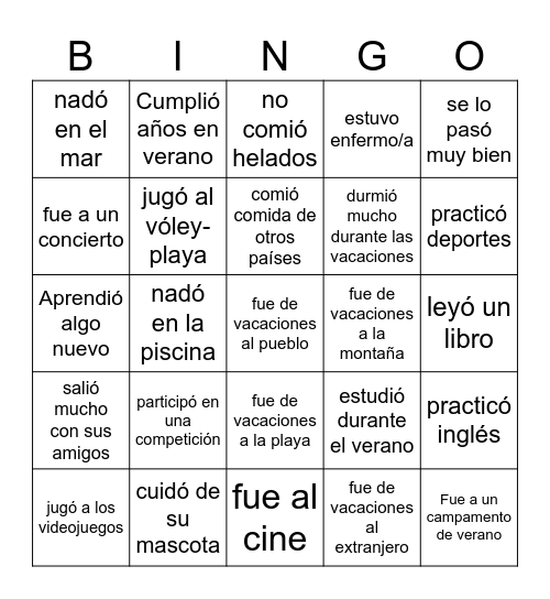 BINGO DE VERANO Bingo Card