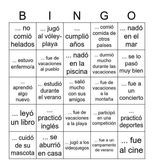 BINGO DE VERANO Bingo Card
