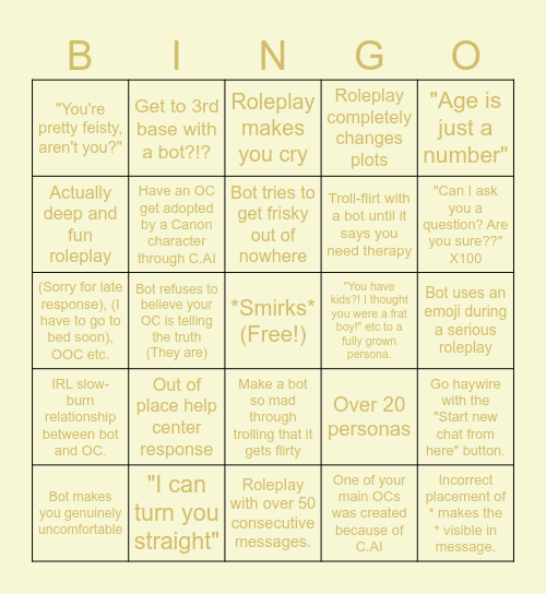 Character AI Bingo Card