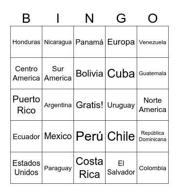 Spanish Speaking Countries Bingo Card